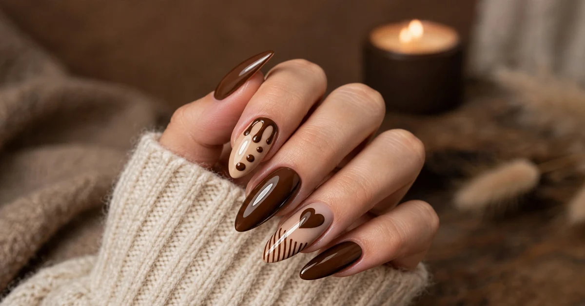 Chocolate brown almond nails with coffee-inspired nail art