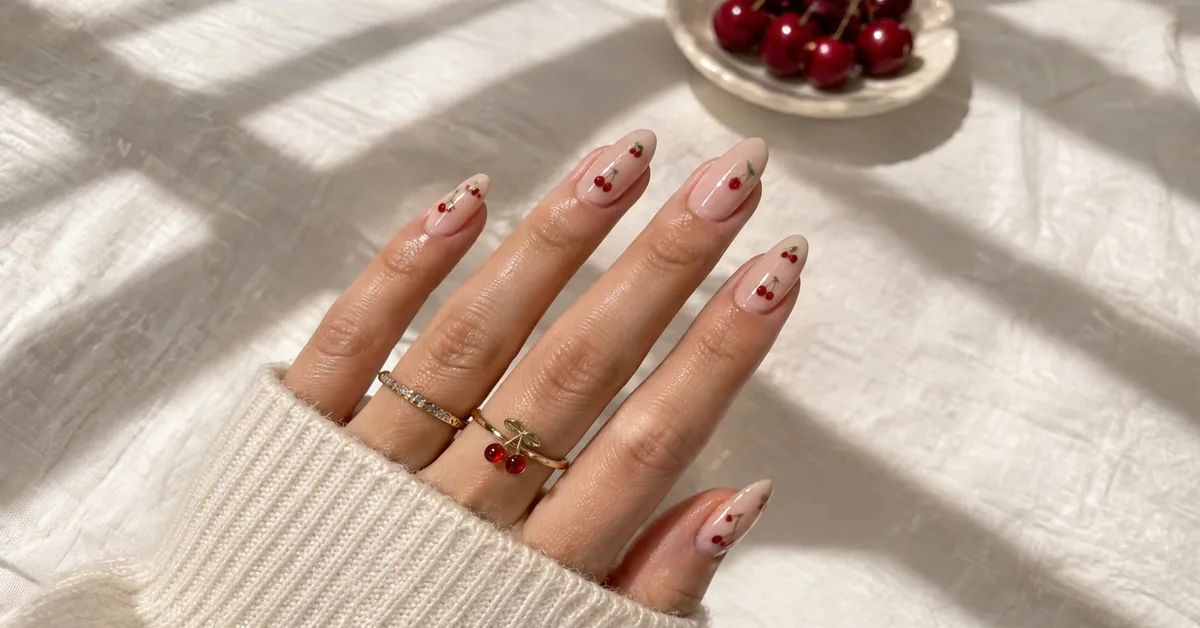 Cherry Nail Ideas | Nude Almond Nails With Cherry Design