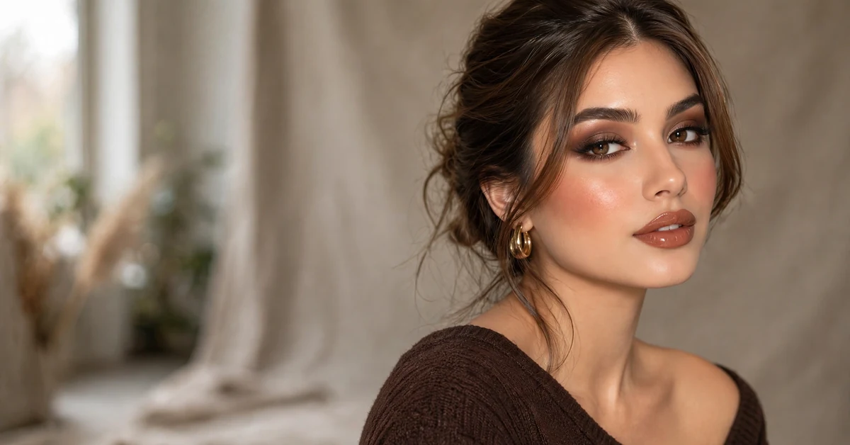 Chocolate brown makeup look with glossy nude lips — chic beauty ideas for date night