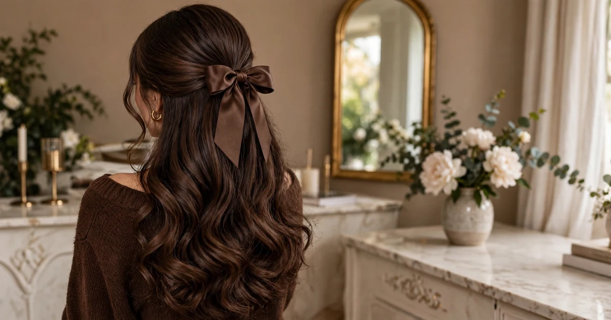 Long brunette wavy hair with chocolate satin bow hairstyle