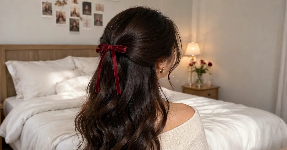 Cherry Hair Style | Half Up Hairstyle With Red Ribbon