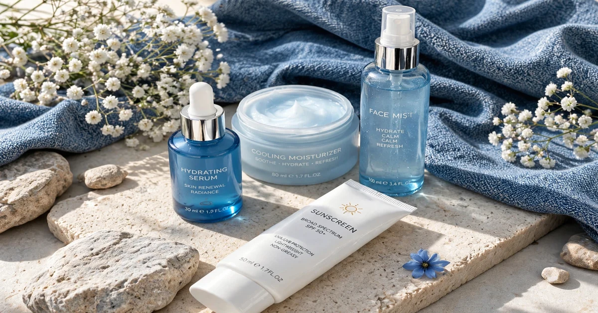 Blue glass skincare products with hydrating serum and moisturizer — chic beauty ideas