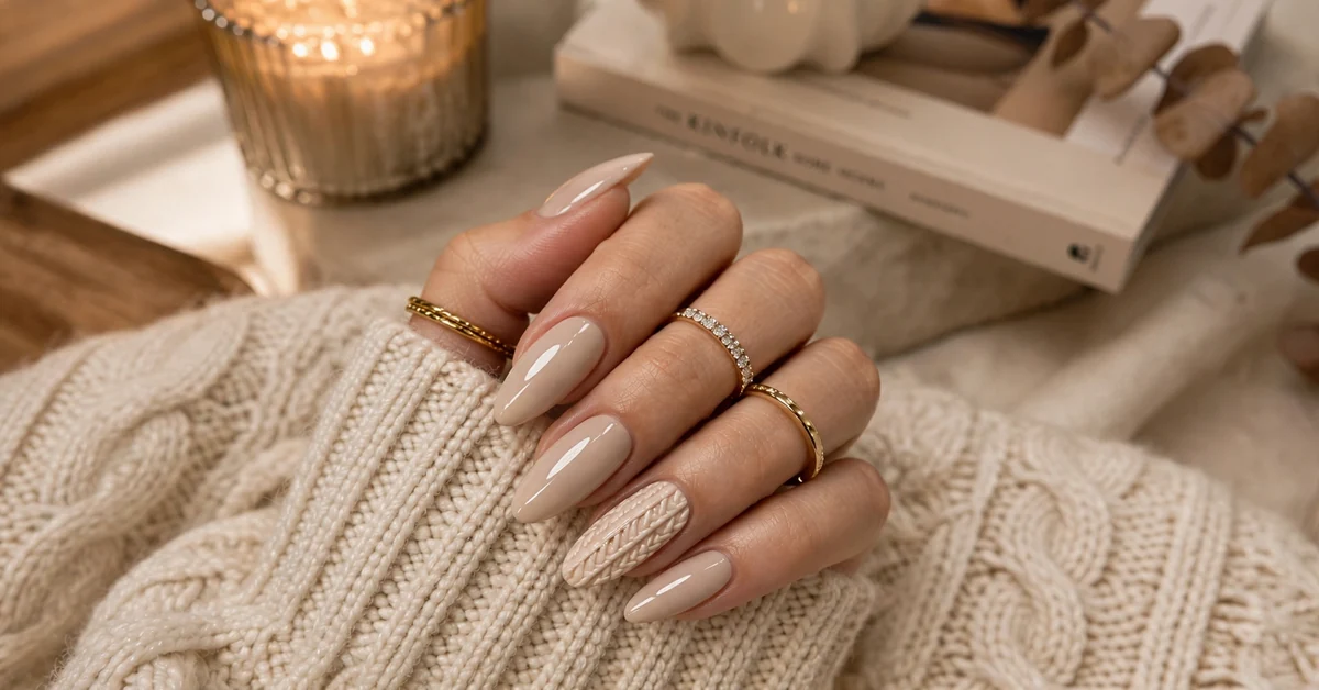 Milky Beige Almond Nails with Cozy Knit Nail Art