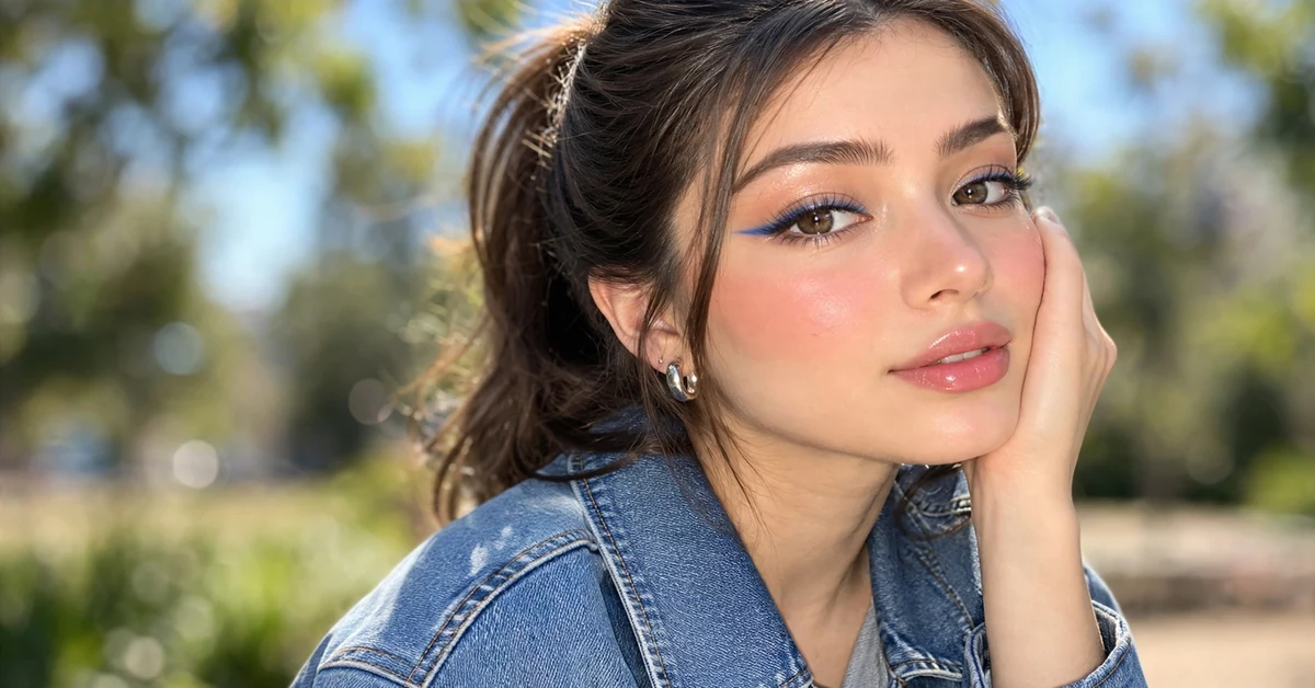 Soft blue eyeliner makeup with peach blush and glossy lips