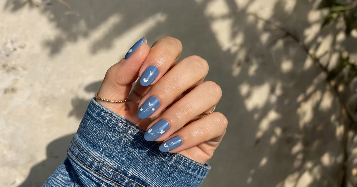 Denim blue almond nails with minimal white nail art