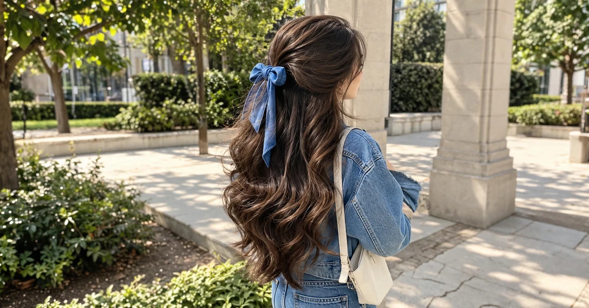 Long wavy brunette hairstyle with denim bow and denim outfit