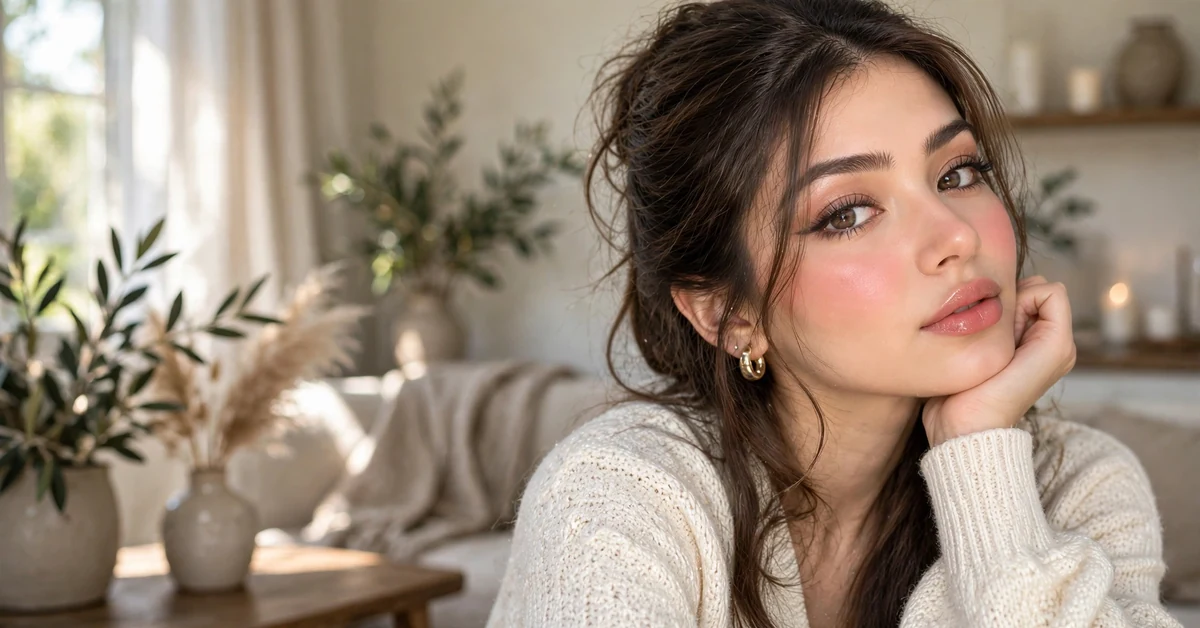 Soft peach makeup look with glowy skin and glossy pink lips — chic beauty ideas