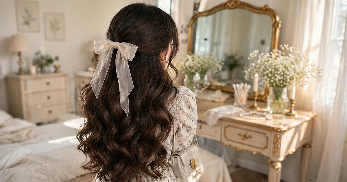 Long Wavy Hairstyles | Romantic Brunette Waves with an Ivory Hair Bow
